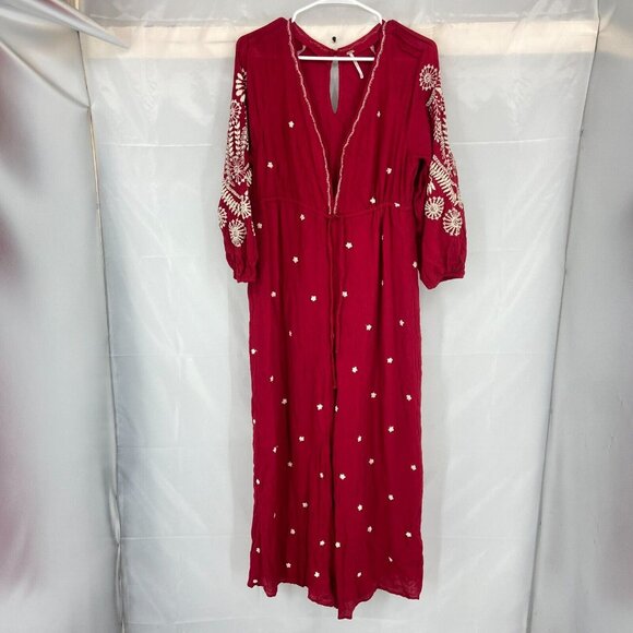 Free People Women XS Embroidered Wide Leg Jumpsuit Red Boho V Neck Cropped Puff - Picture 2 of 13